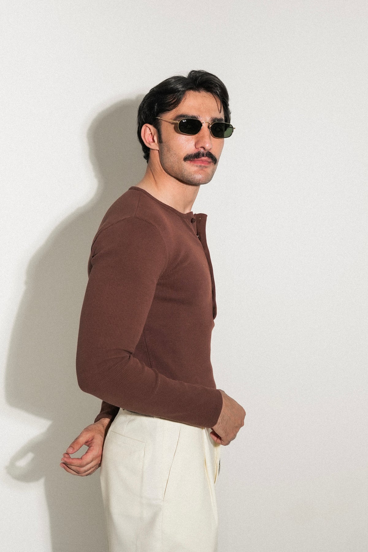 Coffee Fitted Long Sleeve Ribbed Henley