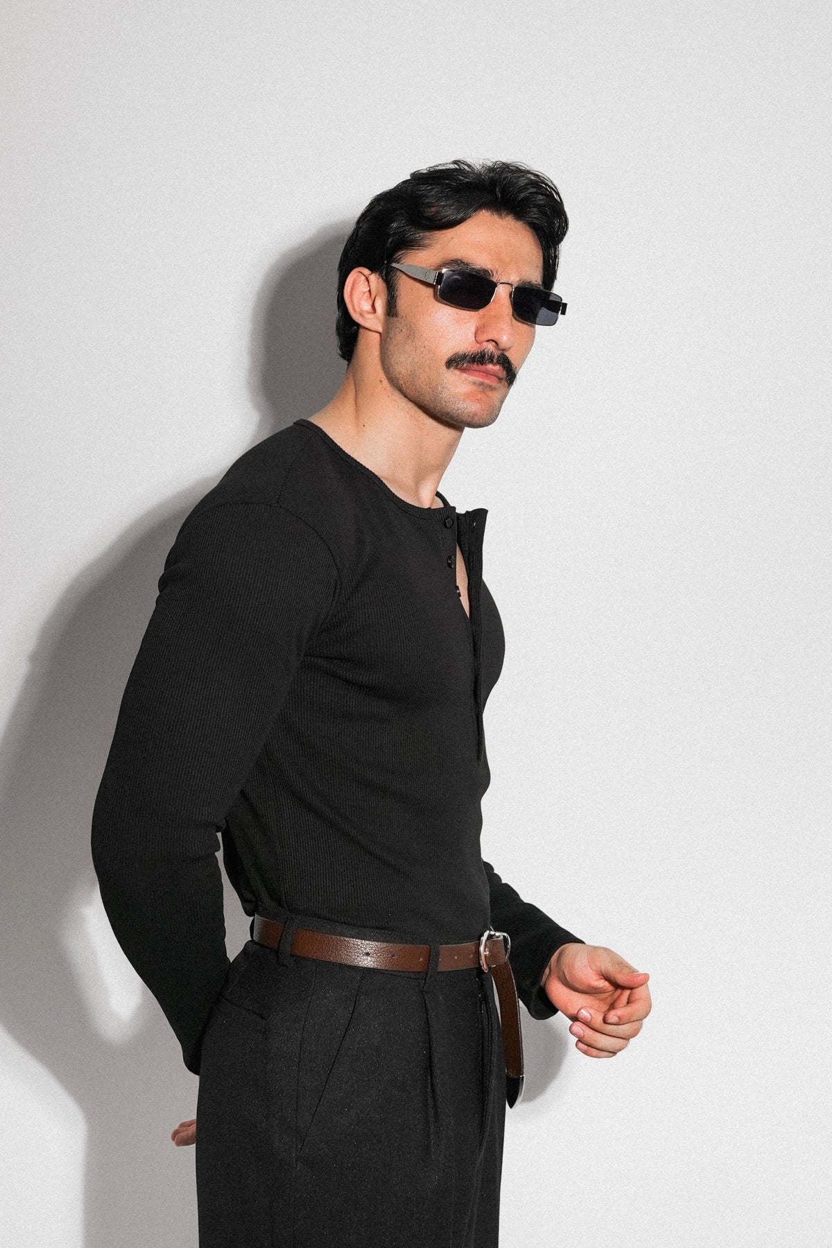 Black Fitted Long Sleeve Ribbed Henley