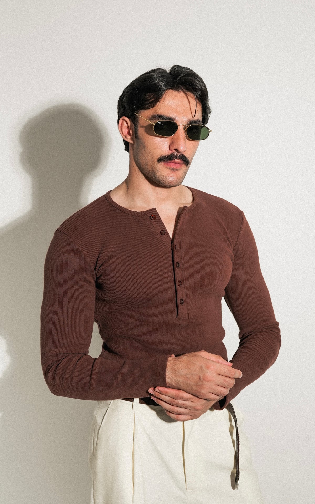Coffee Fitted Long Sleeve Ribbed Henley
