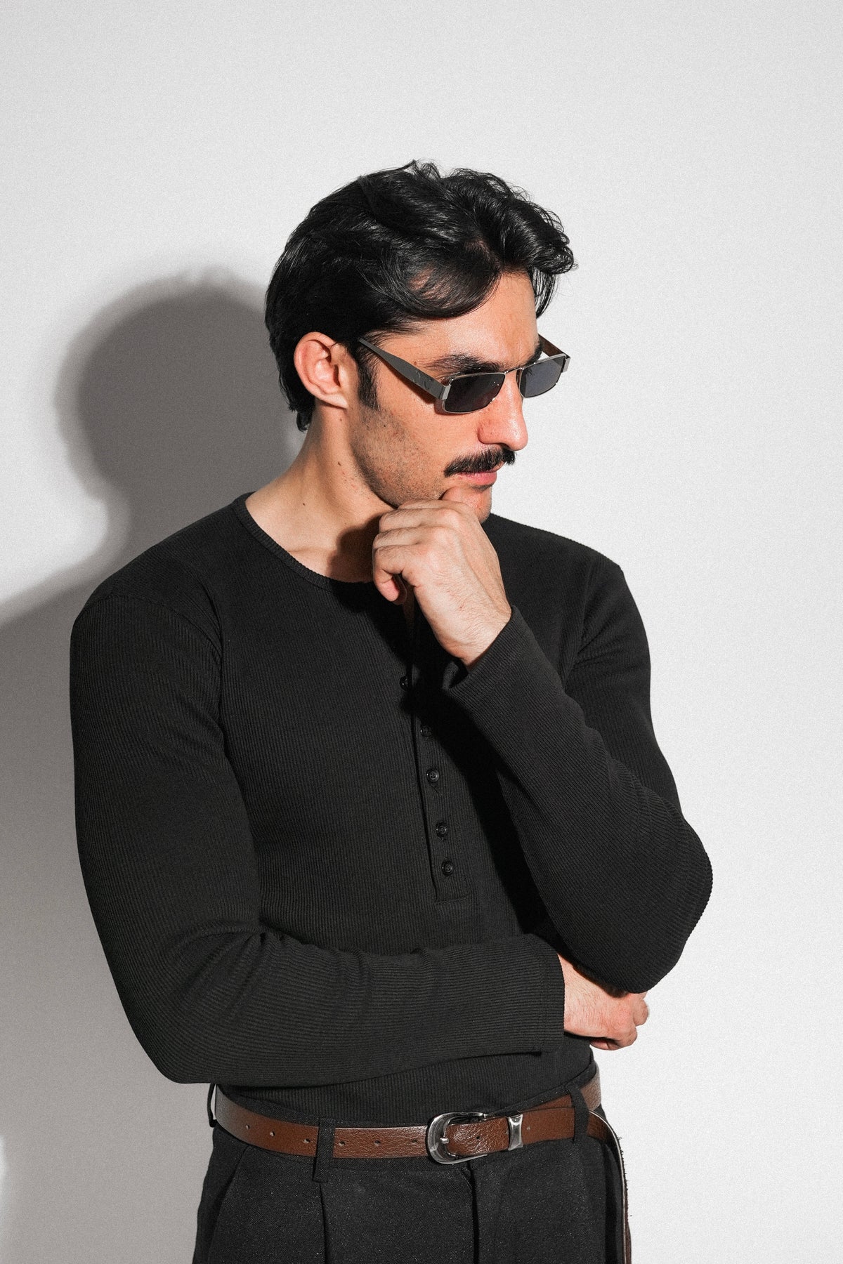Black Fitted Long Sleeve Ribbed Henley