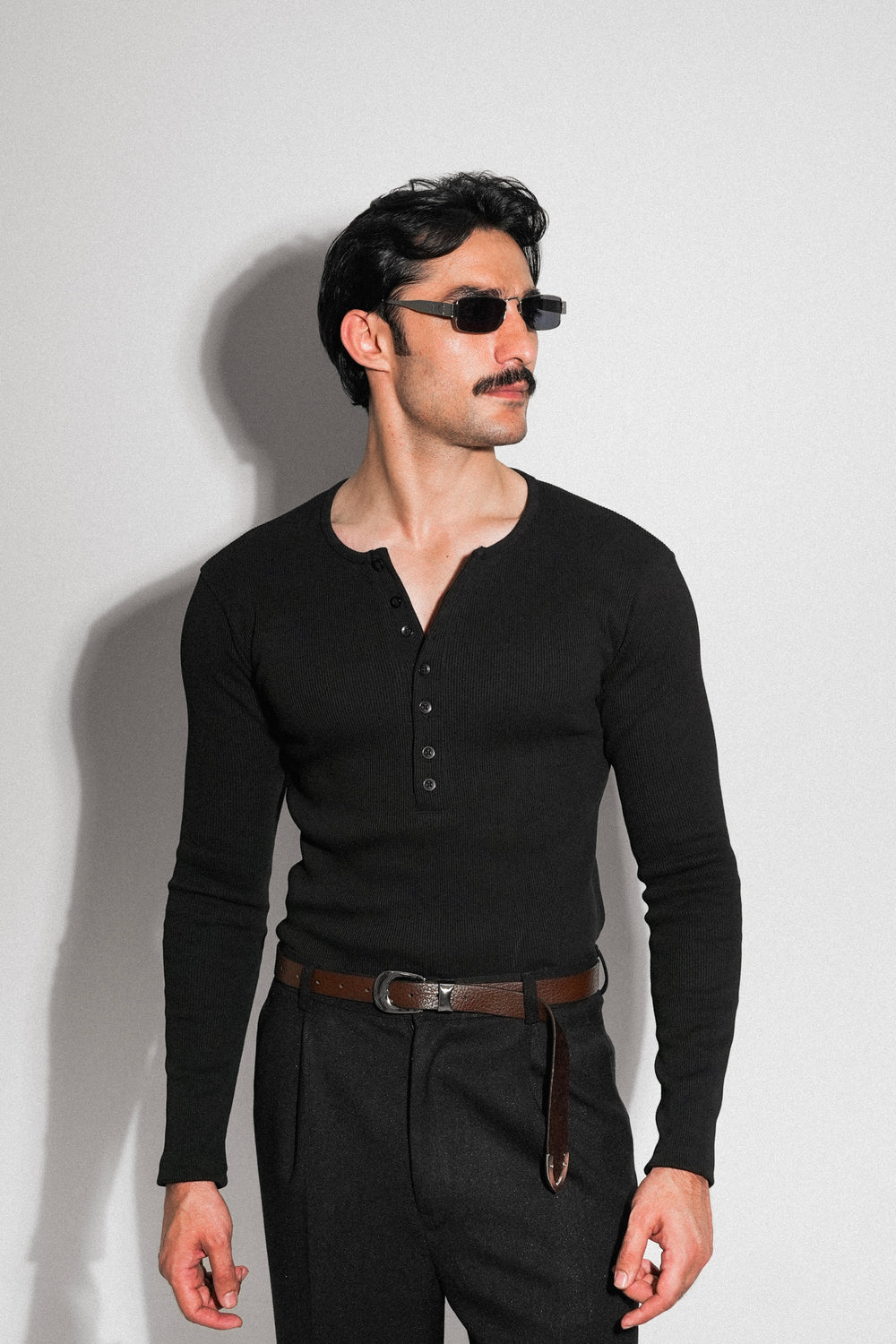 Black Fitted Long Sleeve Ribbed Henley