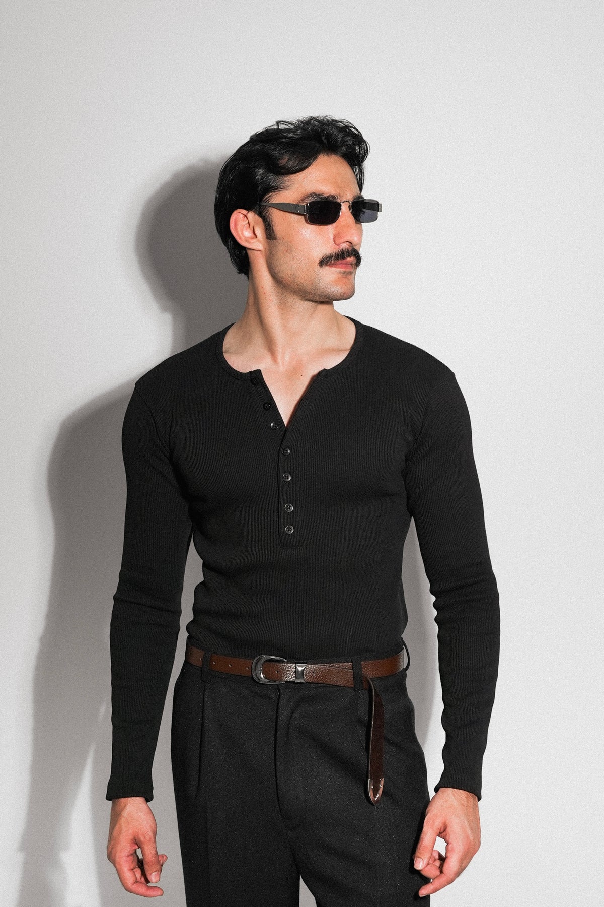 Black Fitted Long Sleeve Ribbed Henley