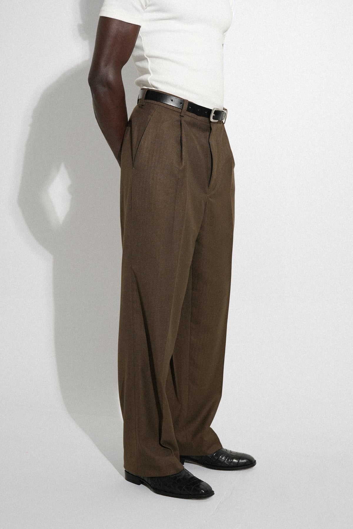 Olive Herringbone Pleated Dress Pants