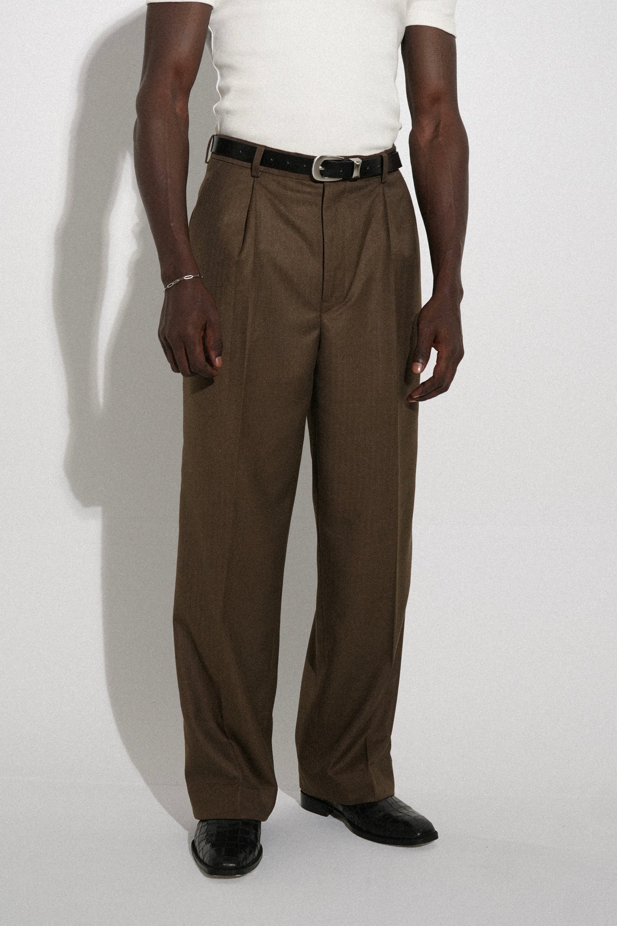 Olive Herringbone Pleated Dress Pants