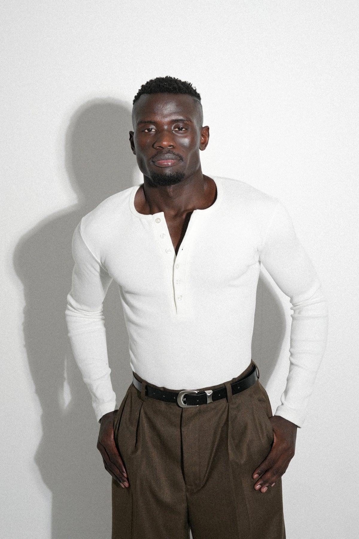 White Fitted Long Sleeve Ribbed Henley