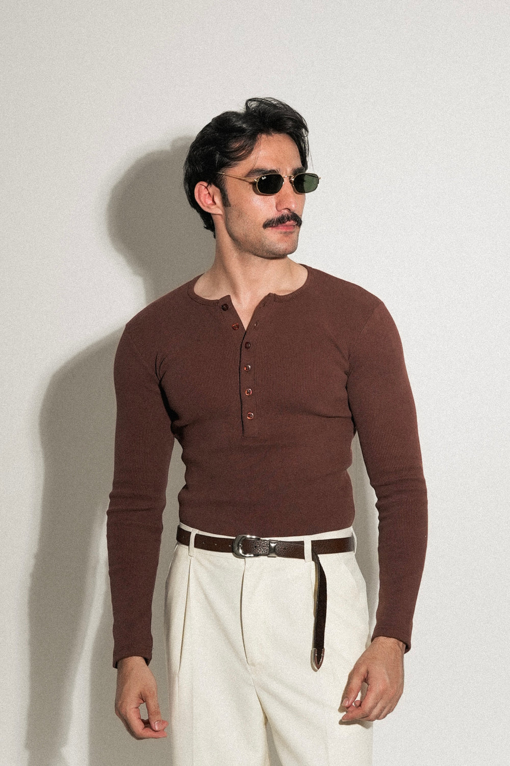 Coffee Fitted Long Sleeve Ribbed Henley