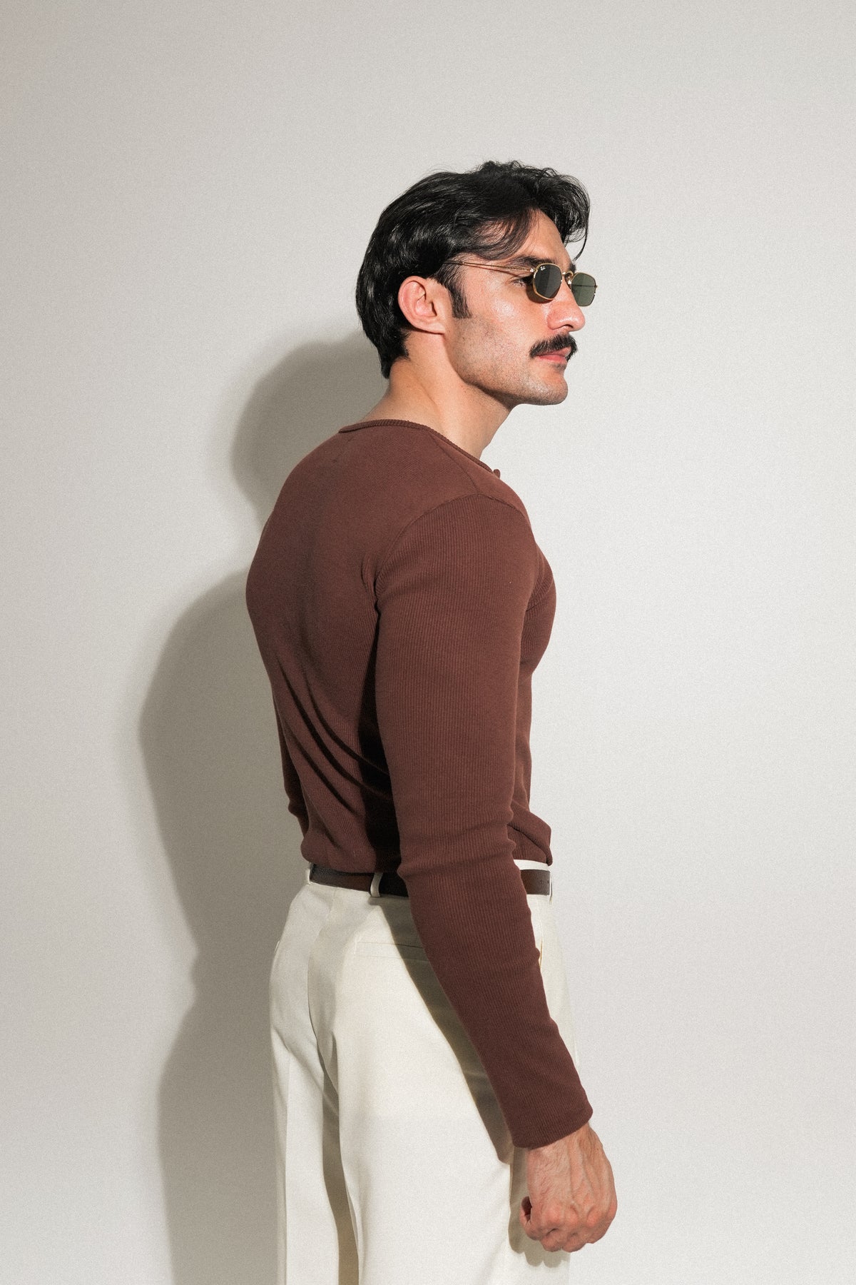 Coffee Fitted Long Sleeve Ribbed Henley