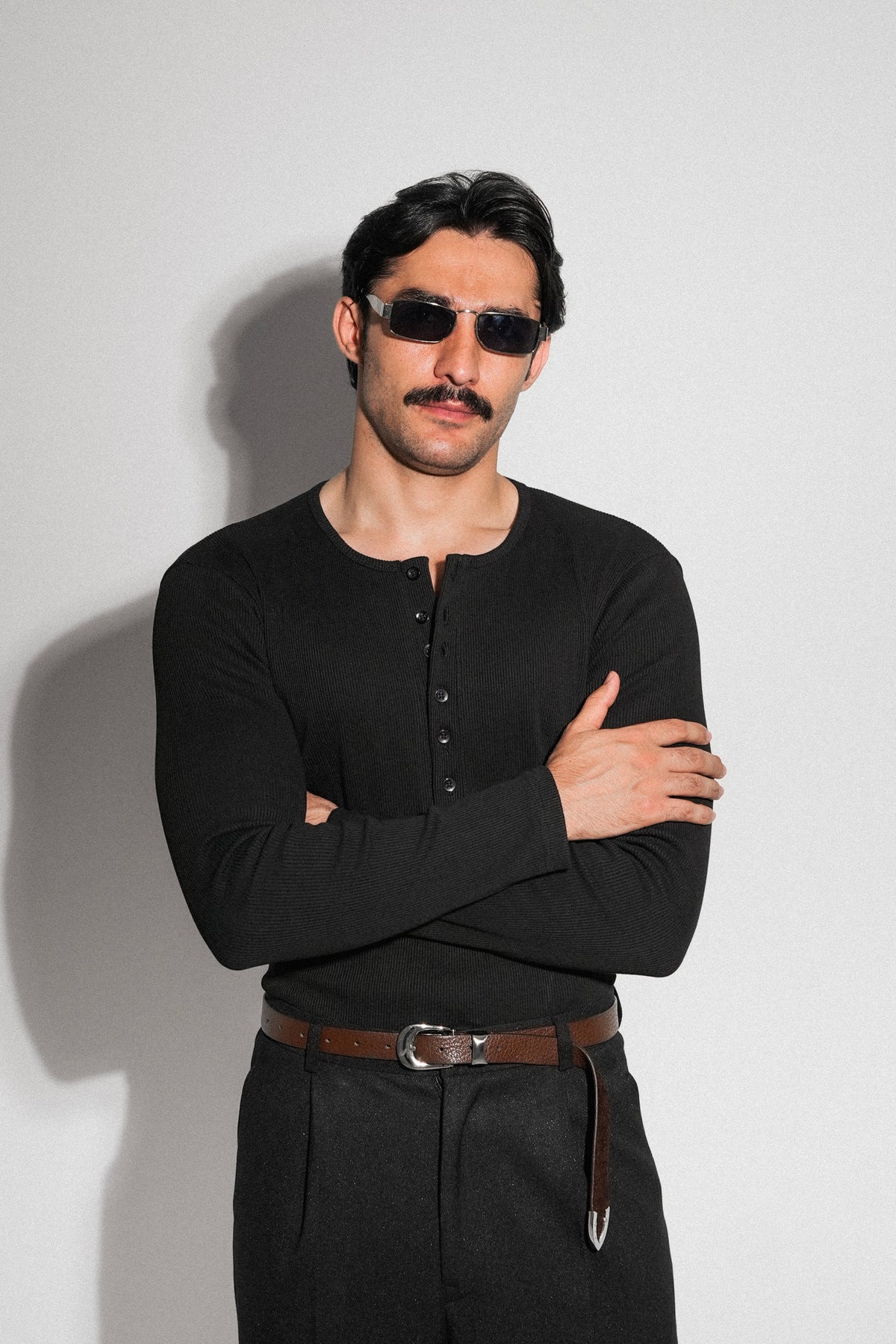 Black Fitted Long Sleeve Ribbed Henley